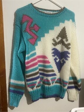Vintage Nan Dorsey Handknit Turquoise and Cream Patterned Crewneck Sweater
